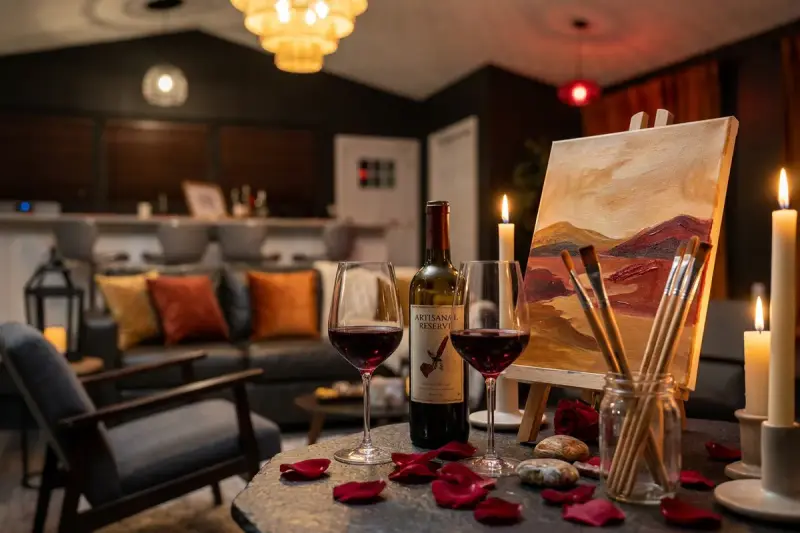 Paint and sip setup with two canvases and wine glasses